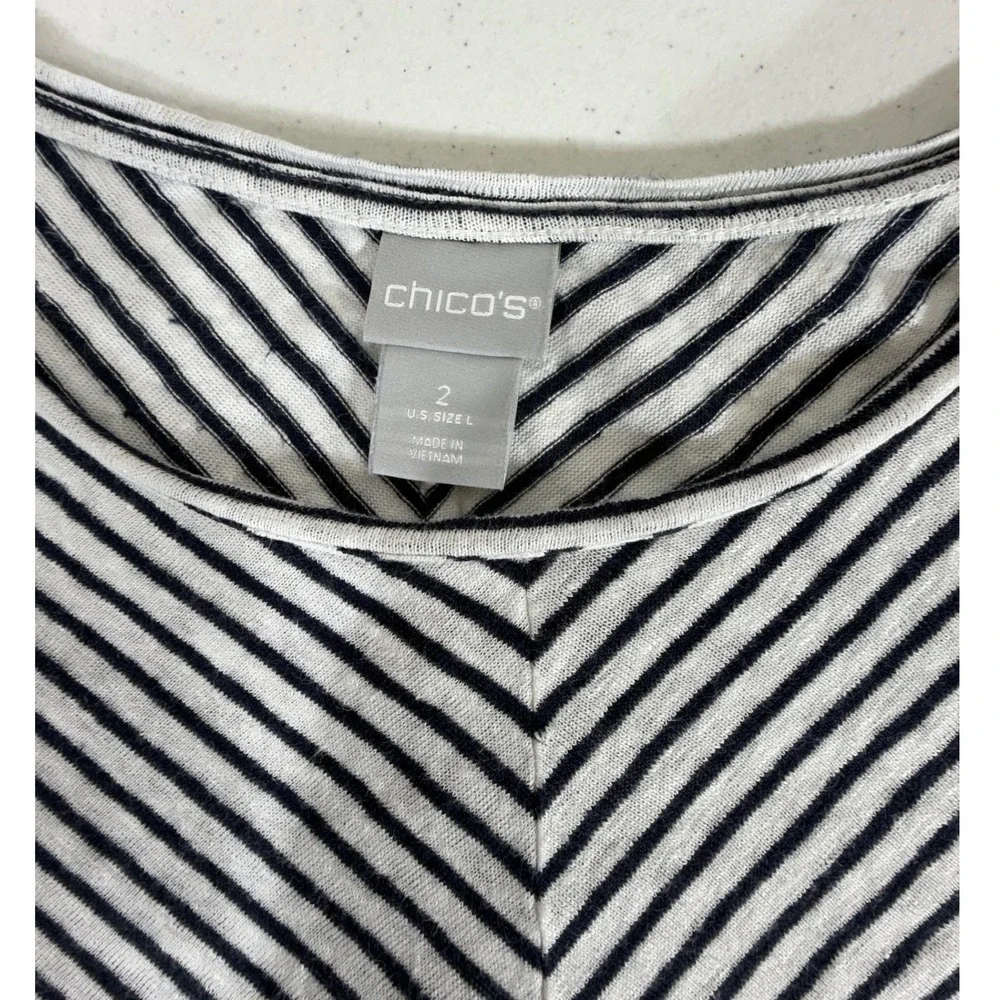 Chicos Blouse Size 2 or Large‎ Black White Stripe Puff Sleeve Frayed Fringe Hem